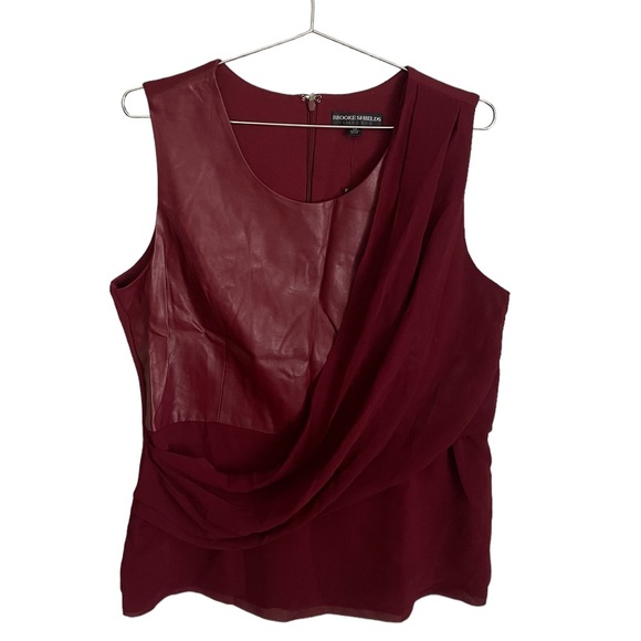 BROOKE SHIELDS Timeless Asymmetrical Faux Leather Drape Front Top Blouse - Picture 2 of 7